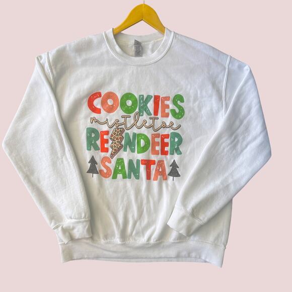 Gildan Heavy Blend White Christmas Sweatshirt Cookies Mistletoe Reindeer Santa M - Picture 2 of 9